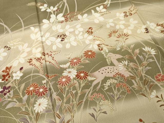 平和屋着物●訪問着　草花文　鹿　暈し染め　金彩　正絹　逸品　AABF8978ck