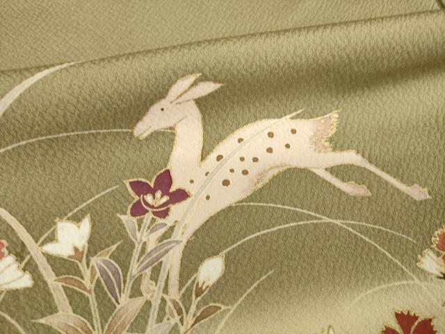 平和屋着物●訪問着　草花文　鹿　暈し染め　金彩　正絹　逸品　AABF8978ck