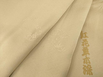 平和屋着物●上質な色無地　紅花草木染　笹竹梅丸地紋　白茶色　正絹　逸品　AABF8986ck