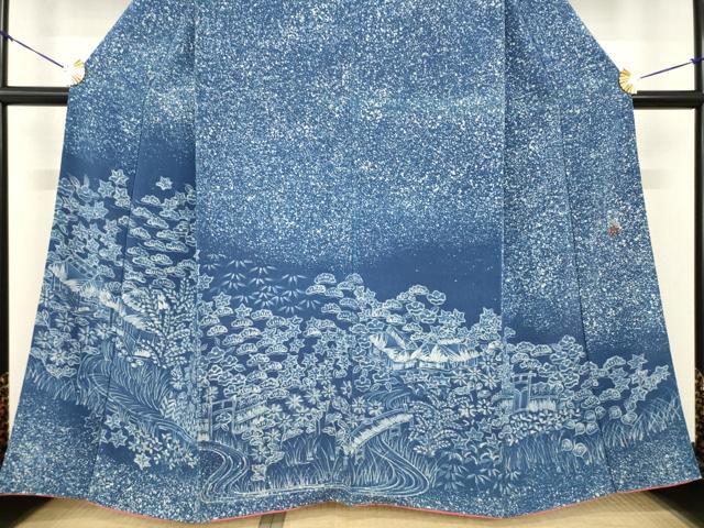 平和屋着物●訪問着 作家物 藍 風景文 正絹 逸品 AABF8988ck