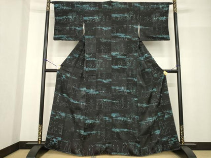 平和屋着物●上質な小紋　人物風景文　黒地　正絹　逸品　AABF8995ck