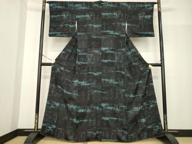 平和屋着物●上質な小紋　人物風景文　黒地　正絹　逸品　AABF8995ck