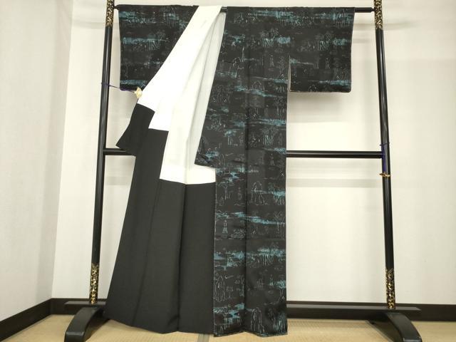 平和屋着物●上質な小紋　人物風景文　黒地　正絹　逸品　AABF8995ck