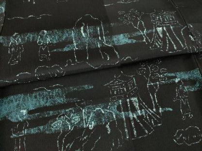 平和屋着物●上質な小紋　人物風景文　黒地　正絹　逸品　AABF8995ck