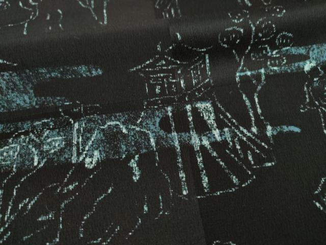 平和屋着物●上質な小紋　人物風景文　黒地　正絹　逸品　AABF8995ck