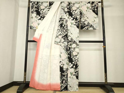 平和屋着物●上質な小紋　立波花文　黒地　金彩　正絹　逸品　AABF8996ck