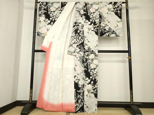 平和屋着物●上質な小紋　立波花文　黒地　金彩　正絹　逸品　AABF8996ck