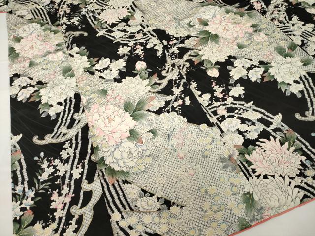 平和屋着物●上質な小紋　立波花文　黒地　金彩　正絹　逸品　AABF8996ck