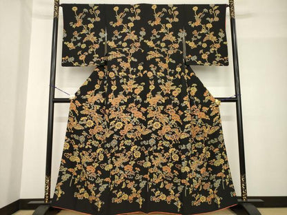 平和屋着物●訪問着　花鳥文　黒地　正絹　逸品　AABF8999ck