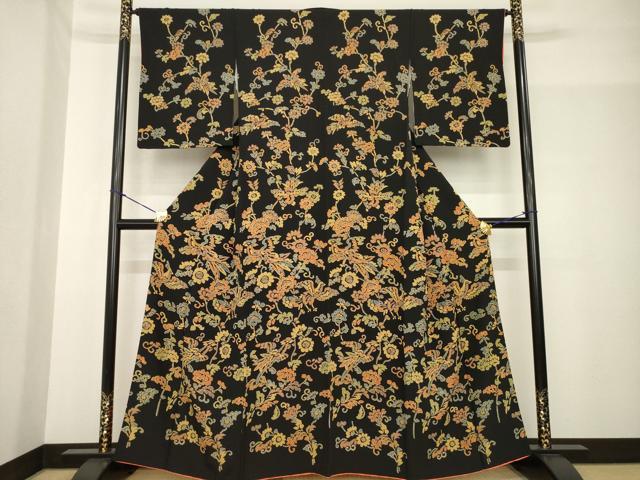 平和屋着物●訪問着　花鳥文　黒地　正絹　逸品　AABF8999ck