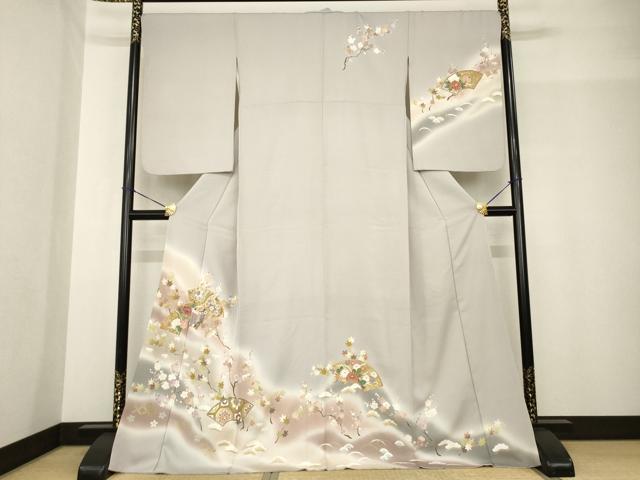 平和屋着物●訪問着　駒刺繍　地紙御所車花文　暈し染め　鈴乃屋扱い　ロング丈　正絹　逸品　AABF9002ck