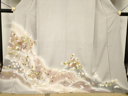 平和屋着物●訪問着　駒刺繍　地紙御所車花文　暈し染め　鈴乃屋扱い　ロング丈　正絹　逸品　AABF9002ck