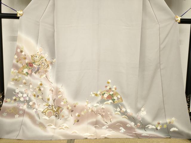 平和屋着物●訪問着　駒刺繍　地紙御所車花文　暈し染め　鈴乃屋扱い　ロング丈　正絹　逸品　AABF9002ck