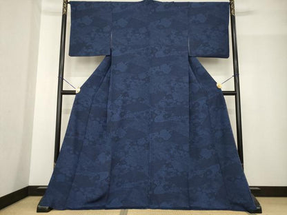 平和屋着物●上質な小紋　藍　型染め　流水花文　ロング丈　正絹　逸品　AABF9003ck
