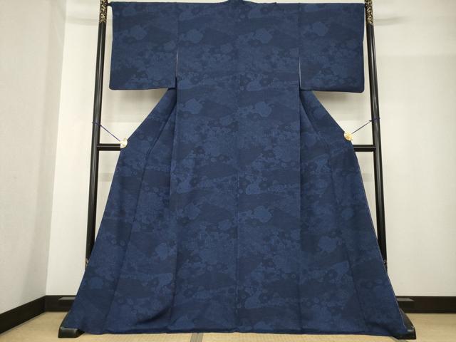 平和屋着物●上質な小紋　藍　型染め　流水花文　ロング丈　正絹　逸品　AABF9003ck