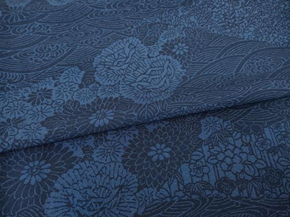 平和屋着物●上質な小紋　藍　型染め　流水花文　ロング丈　正絹　逸品　AABF9003ck