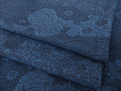 平和屋着物●上質な小紋　藍　型染め　流水花文　ロング丈　正絹　逸品　AABF9003ck