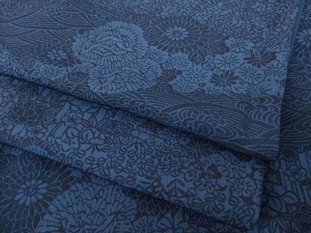 平和屋着物●上質な小紋　藍　型染め　流水花文　ロング丈　正絹　逸品　AABF9003ck