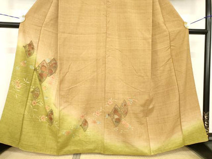 平和屋着物●訪問着　紬地　中国三大刺繍　スワトウ刺繍　汕頭刺繍　扇面花文　暈し染め　金彩　正絹　逸品　AABF9005ck