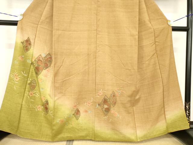 平和屋着物●訪問着　紬地　中国三大刺繍　スワトウ刺繍　汕頭刺繍　扇面花文　暈し染め　金彩　正絹　逸品　AABF9005ck