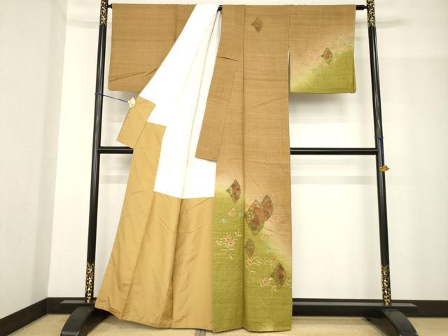 平和屋着物●訪問着　紬地　中国三大刺繍　スワトウ刺繍　汕頭刺繍　扇面花文　暈し染め　金彩　正絹　逸品　AABF9005ck
