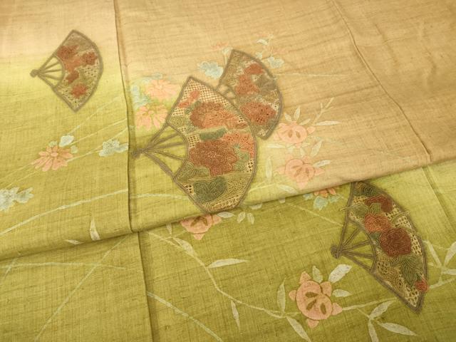 平和屋着物●訪問着　紬地　中国三大刺繍　スワトウ刺繍　汕頭刺繍　扇面花文　暈し染め　金彩　正絹　逸品　AABF9005ck