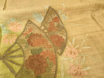 平和屋着物●訪問着　紬地　中国三大刺繍　スワトウ刺繍　汕頭刺繍　扇面花文　暈し染め　金彩　正絹　逸品　AABF9005ck