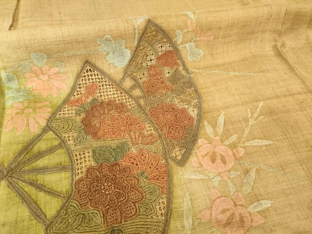 平和屋着物●訪問着　紬地　中国三大刺繍　スワトウ刺繍　汕頭刺繍　扇面花文　暈し染め　金彩　正絹　逸品　AABF9005ck