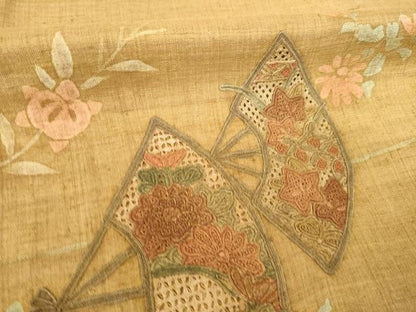 平和屋着物●訪問着　紬地　中国三大刺繍　スワトウ刺繍　汕頭刺繍　扇面花文　暈し染め　金彩　正絹　逸品　AABF9005ck