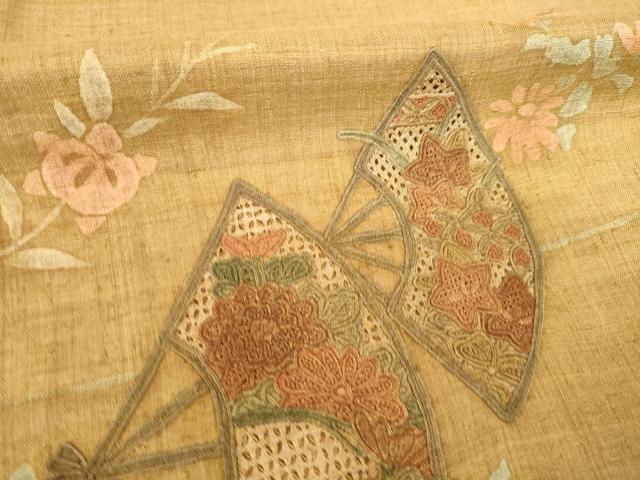 平和屋着物●訪問着　紬地　中国三大刺繍　スワトウ刺繍　汕頭刺繍　扇面花文　暈し染め　金彩　正絹　逸品　AABF9005ck