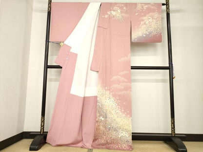 平和屋着物●訪問着　枝花文　暈し染め　金通し地　正絹　逸品　AABF9009ck