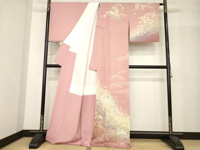 平和屋着物●訪問着　枝花文　暈し染め　金通し地　正絹　逸品　AABF9009ck