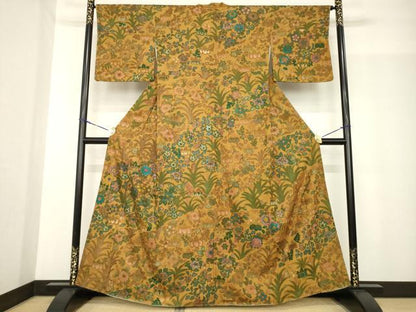 平和屋着物●訪問着　紬地　辻が花　総刺繍　中国三大刺繍　汕頭刺繍　スワトウ刺繍　相良刺繍　流水花文　正絹　逸品　未使用　AABF9011ck