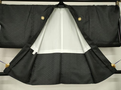 平和屋着物●男性　黒紋付　羽織・行灯袴・つけ帯セット　洗える着物　逸品　AABF9013ck