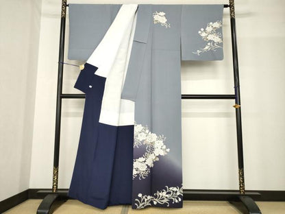 平和屋着物●訪問着　刺繍　花唐草文　暈し染め　銀糸　正絹　逸品　AABF9016ck