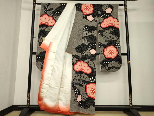 平和屋着物●豪華振袖　総絞り　松　梅　黒地　正絹　逸品　AABF9024ck