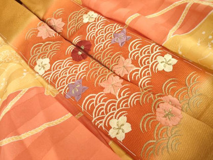 平和屋着物●振袖用長襦袢　無双仕立て　扇面花文　半衿刺繍　正絹　逸品　AABF9025ck