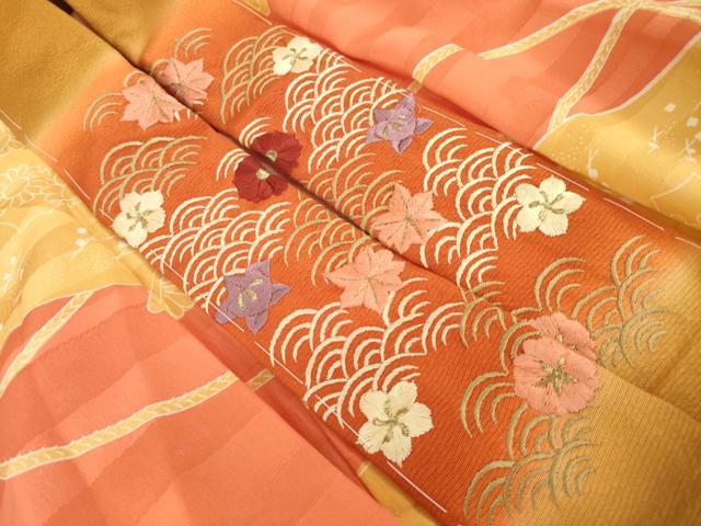 平和屋着物●振袖用長襦袢　無双仕立て　扇面花文　半衿刺繍　正絹　逸品　AABF9025ck