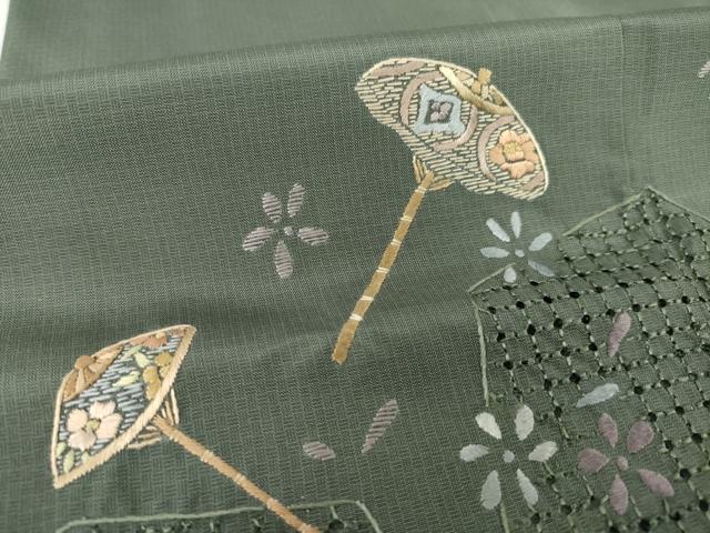 平和屋着物●本場大島紬　染大島　訪問着　中国三大刺繍　スワトウ刺繍　汕頭刺繍　番傘花文　正絹　逸品　AABF9028ck
