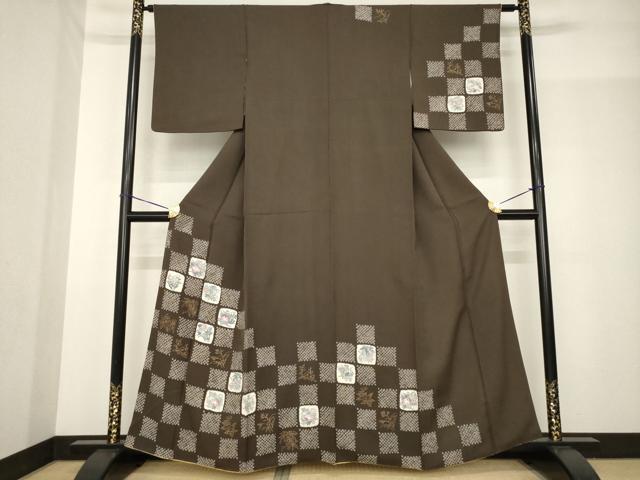 平和屋着物●訪問着　手描き　絞り　市松花文　正絹　逸品　AABF9030ck