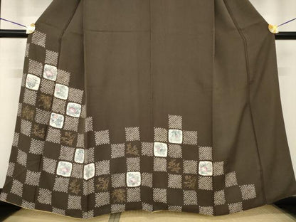 平和屋着物●訪問着　手描き　絞り　市松花文　正絹　逸品　AABF9030ck