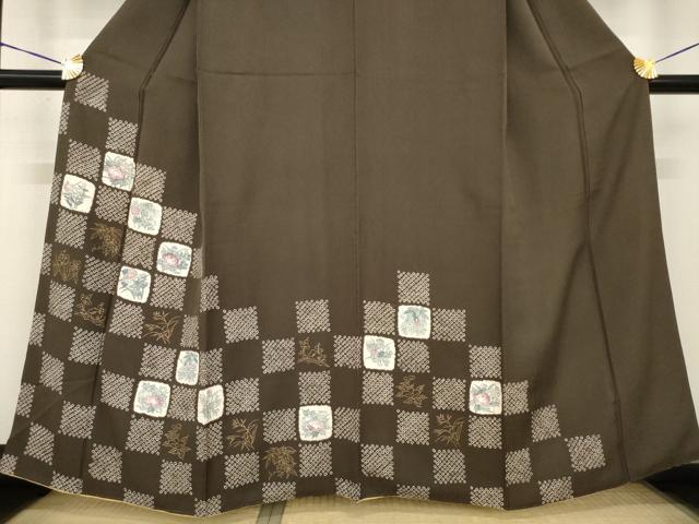 平和屋着物●訪問着　手描き　絞り　市松花文　正絹　逸品　AABF9030ck