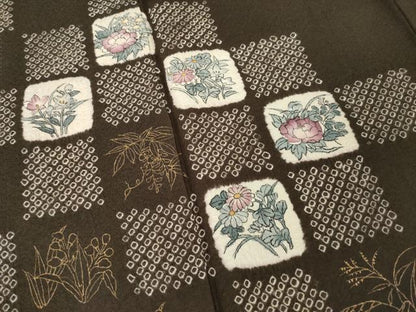 平和屋着物●訪問着　手描き　絞り　市松花文　正絹　逸品　AABF9030ck