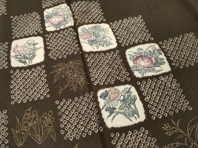 平和屋着物●訪問着　手描き　絞り　市松花文　正絹　逸品　AABF9030ck