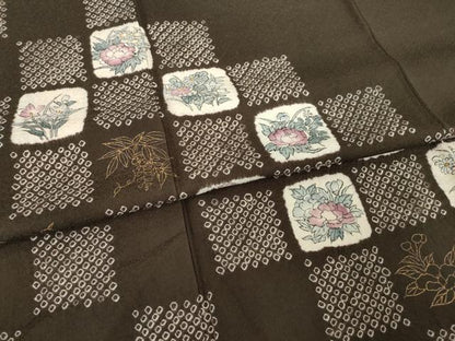 平和屋着物●訪問着　手描き　絞り　市松花文　正絹　逸品　AABF9030ck