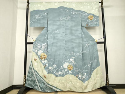 平和屋着物●訪問着　絞り　刺繍　雪輪花文　金彩　正絹　逸品　AABF9032ck
