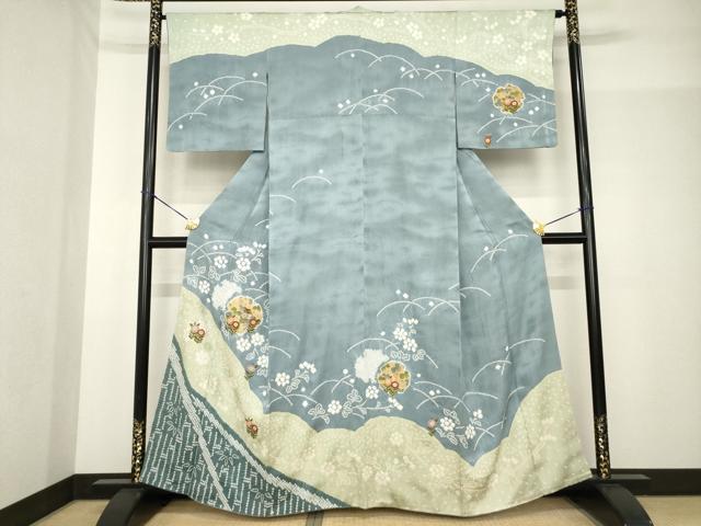 平和屋着物●訪問着　絞り　刺繍　雪輪花文　金彩　正絹　逸品　AABF9032ck