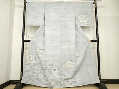 平和屋着物●小千谷紬　訪問着　童子　風神雷神　正絹　逸品　AABF9038ck