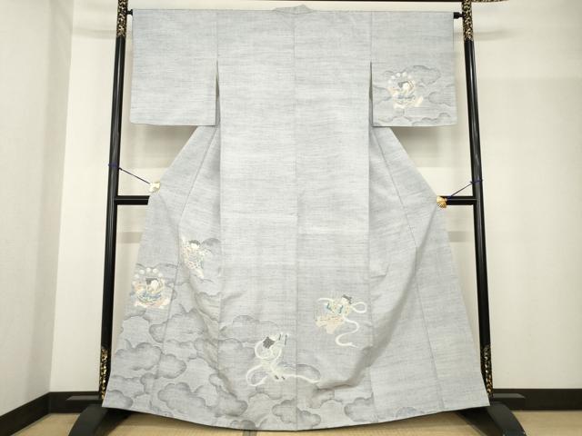 平和屋着物●小千谷紬　訪問着　童子　風神雷神　正絹　逸品　AABF9038ck