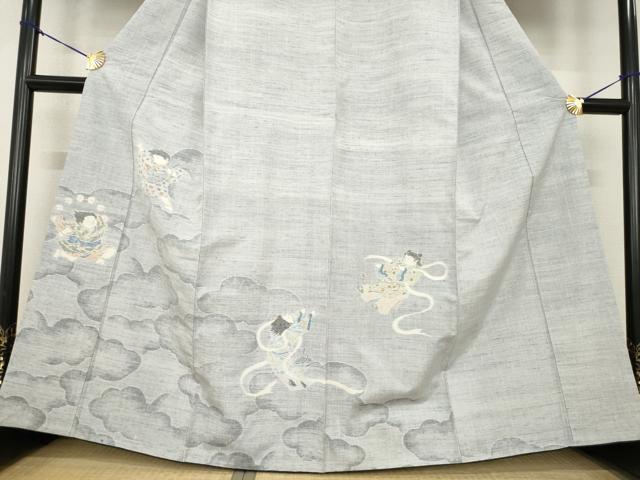 平和屋着物●小千谷紬　訪問着　童子　風神雷神　正絹　逸品　AABF9038ck